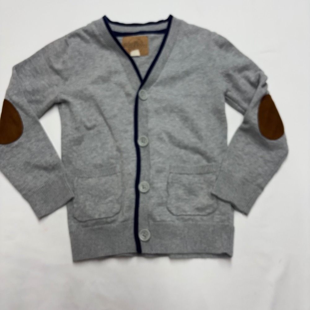 Hope & Henry Boys Gray Organic Cotton Cardigan Sweater Elbow Patches XS